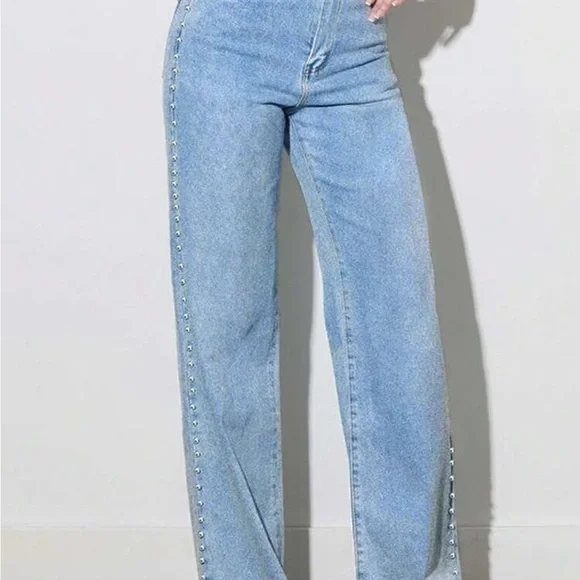 Women's Light Blue Flared Jeans with Silver Stud Accents - Picture 4 of 12